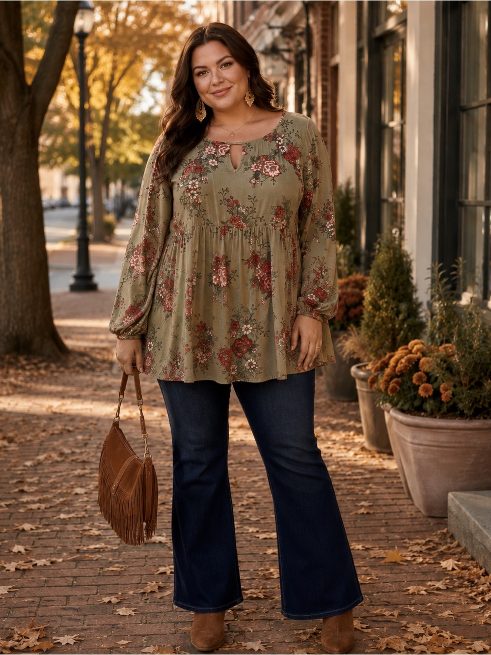 Torrid Size 4 Olive Floral Babydoll Tunic Top Keyhole Boho Long Sleeve